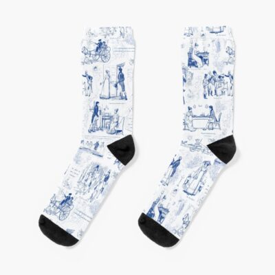Pride And Prejudice Blue Toile Illustrations Quotes Pattern Socks